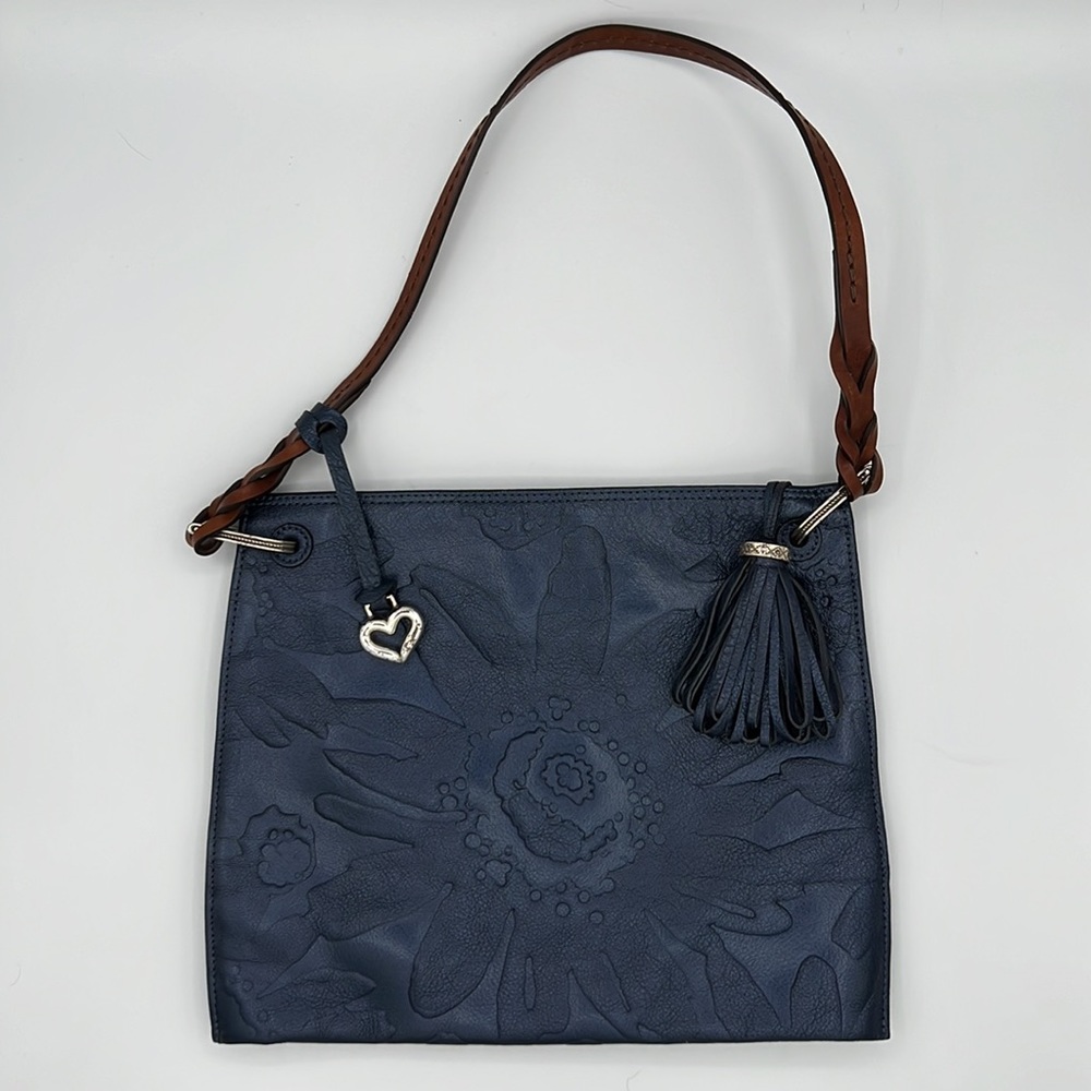 Brighton Piper Indigo Blue Metallic Leather Embossed Shoulder Bag
